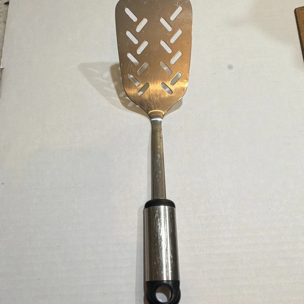 Vintage Hoffritz Stainless Steel Slotted Spatula Hanging Hole Silver Black
